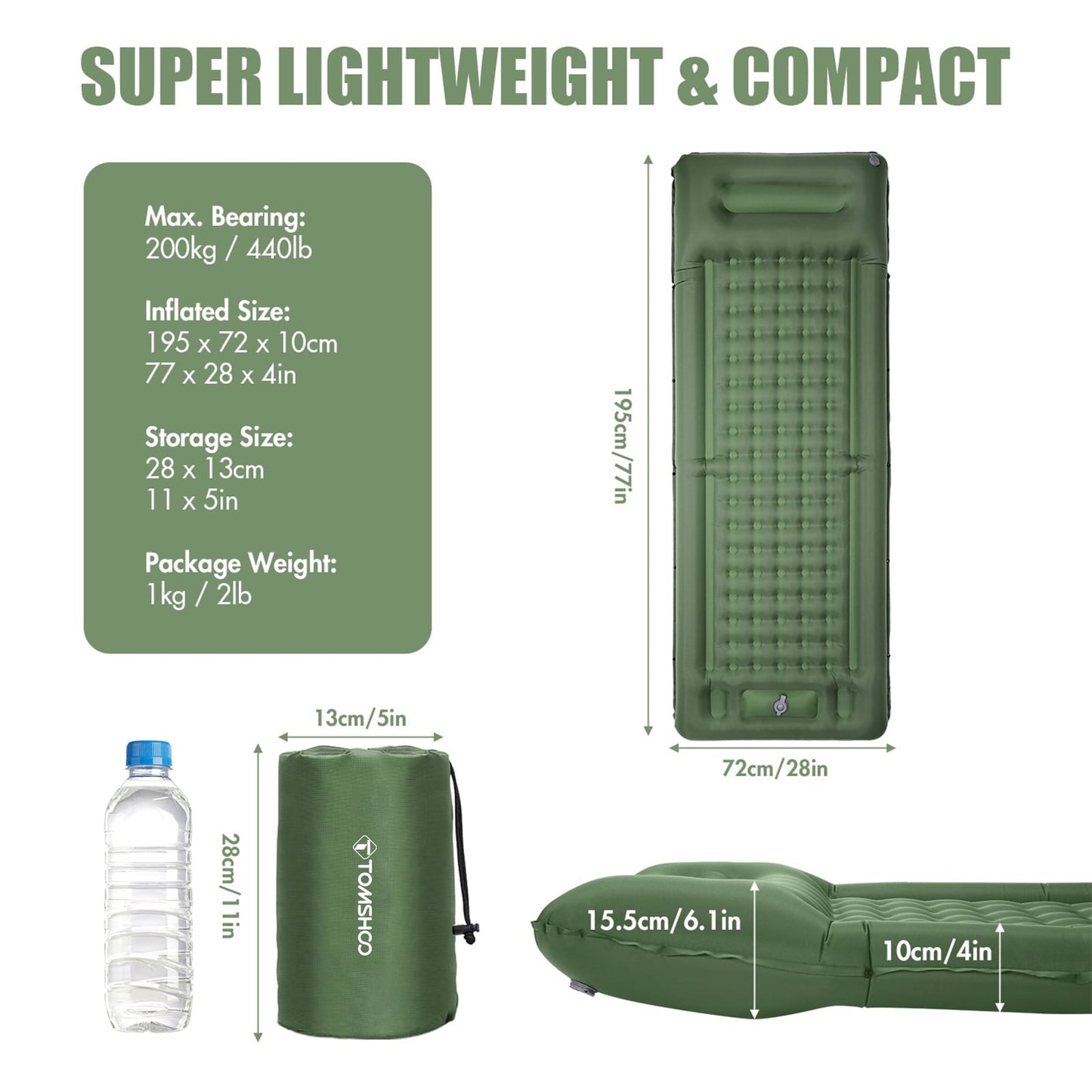 TOMSHOO Inflatable Sleeping Pad Built in Pump, Extra Thick 4 Inch Mat for Camping and Hiking