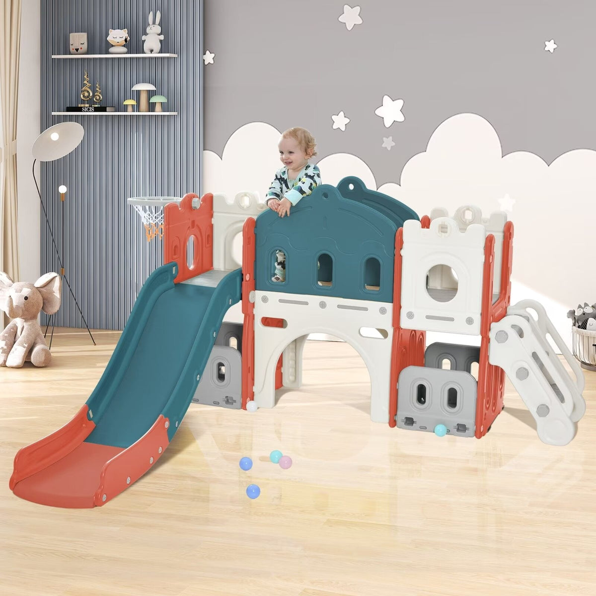 5 in 1 Toddler Slide and Climber Set, Kids Playground Freestanding Castle Slide Playset with Basketball Hoop, Kids Climbers Playhouse Toy Storage Organizer for Indoor & Outdoor, Red