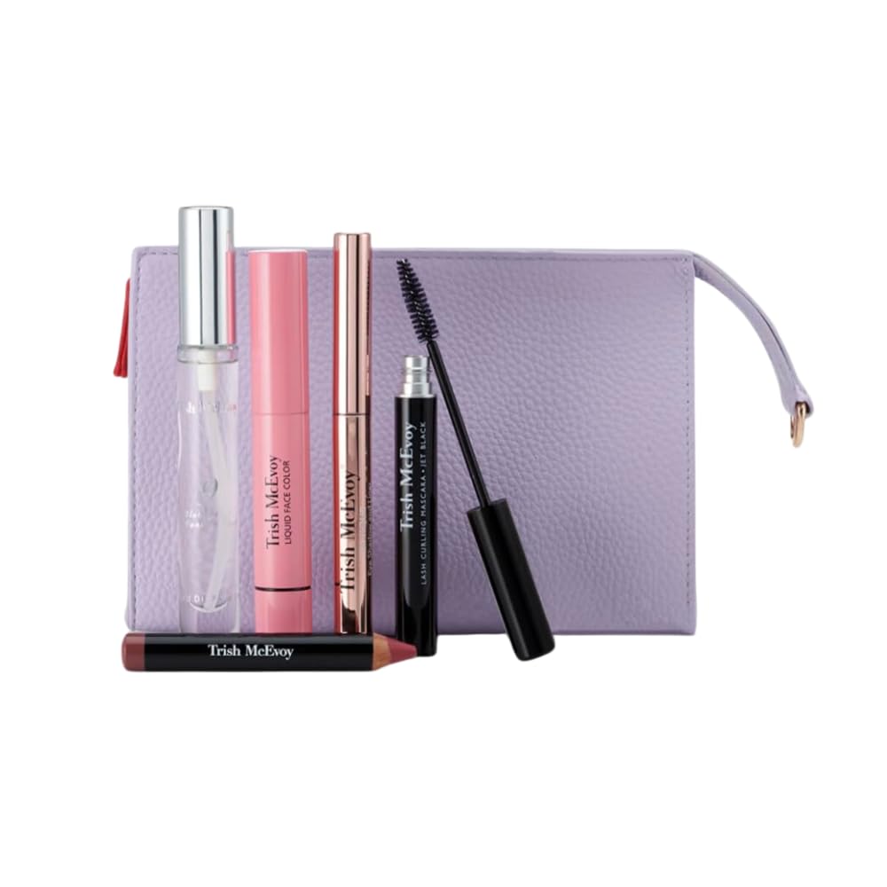 Trish McEvoy Spring Must-Haves Collection - No. 9 Pen Spray, Liquid Face, EyeShadow & Liner Topaz, Lash Curling Mascara, Lip & Cheek Crayon Rose Nude
