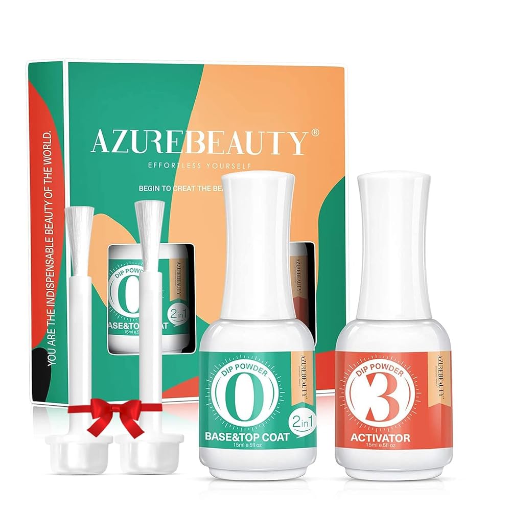 AZUREBEAUTY 2 in 1 Dip Powder Base & Top Coat with Activator Dip Powder Liquid Set for Dipping Powder Nail Kit,0.5oz/Bottle,Fast Dry,No Nail Lamp Needed