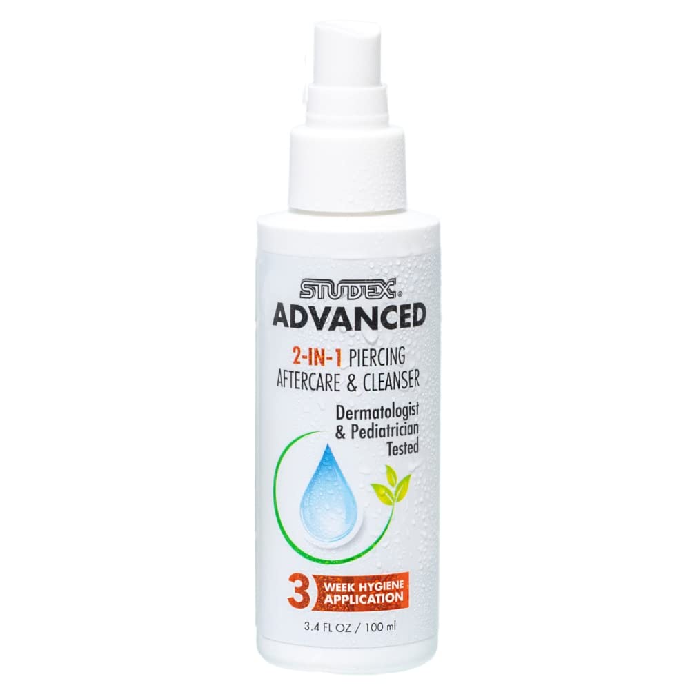 Studex Advanced 2-in-1 Piercing Aftercare & Cleanser Ð Hypochlorous Spray for Body and Ear Piercing, Hypoallergenic Formula for Sensitive Skin (3.4oz)
