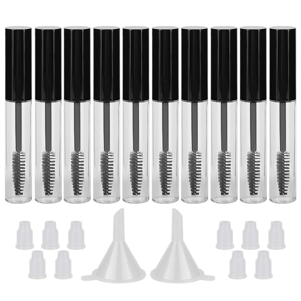 10PCS 10ML Empty Mascara Tube Bottle with Eyelash Wand & Rubber Inserts & Funnels Set for Castor Oil/Eyelash Growth Oil, DIY Mascara Eyelash Cream Container with Cap, Black
