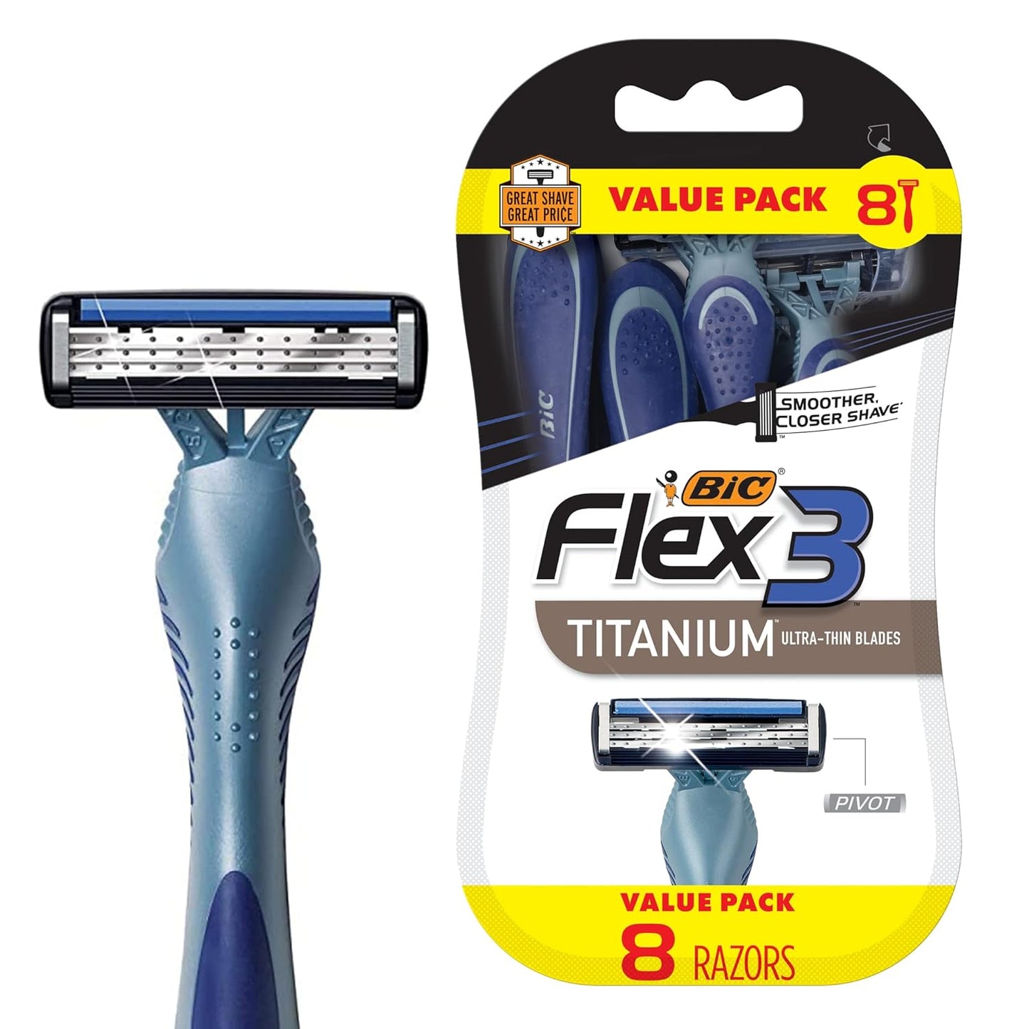 BIC Flex 3 Titanium MenÕs Disposable Razors With 3 Blades, Ideal Razor For Face and Body Shaving, 8 Piece Razor Kit for Men