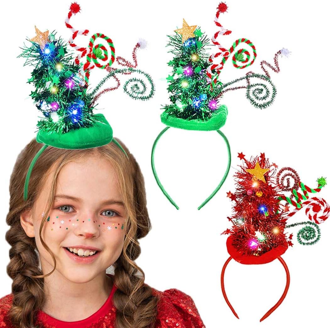 Catery Christmas Tree Headbands Led Christmas Headband Xmas Elf Hair Band Holiday Hairband Hair Accessories for Women Kids
