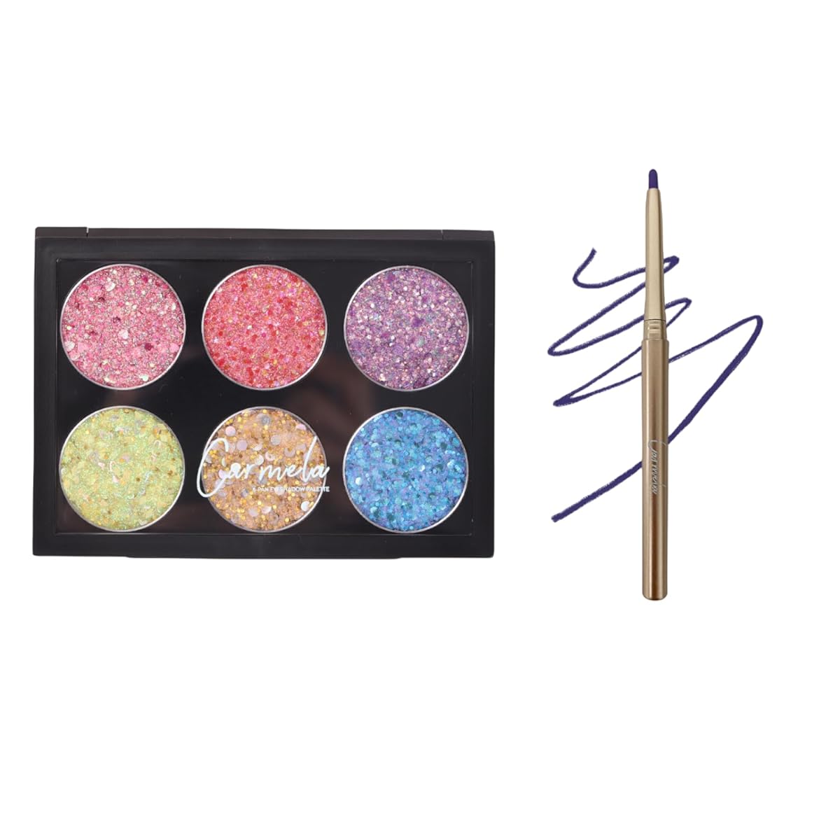 CAR MELA Chunky Glitter Eyeshadow Palette and Blue Eyeliner Set, Sparkle Shimmer Glitter Makeup Pallet, Intense Creamy Blue Eye Liner Makeup Kit
