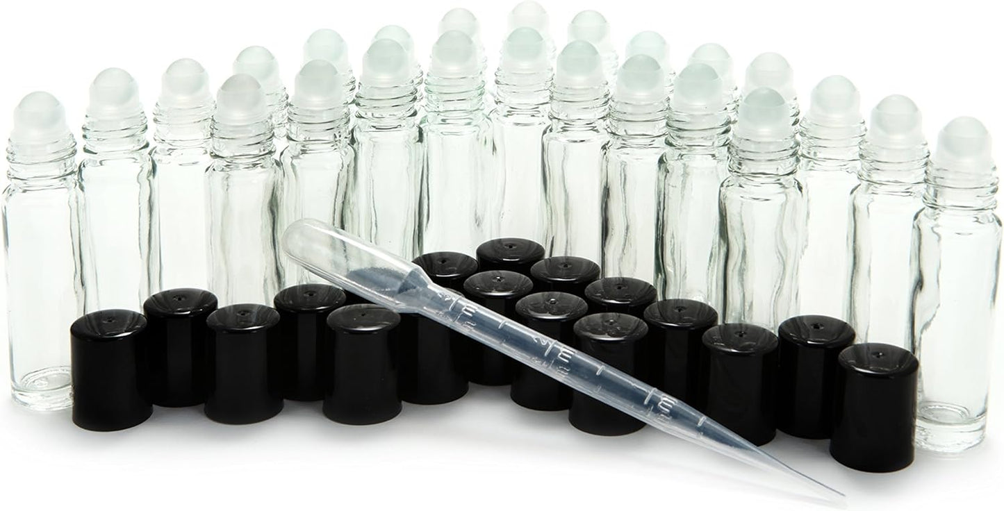 Vivaplex 24, Clear, 10 ml Glass Roll on Perfume Bottles with 3 ml Dropper