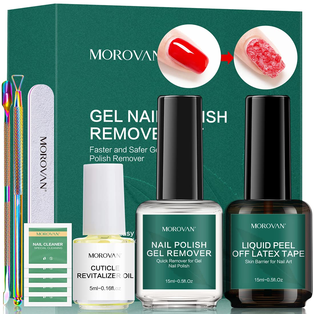 Morovan Gel Polish Remover Kit - Gel Nail Polish Remover Set with Latex Tape Peel Off Liquid with Cuticle Pusher Peeler Cuticle Oil Nail File Cleaner Quick & Easy No Need for Foil Soaking Or Wrapping