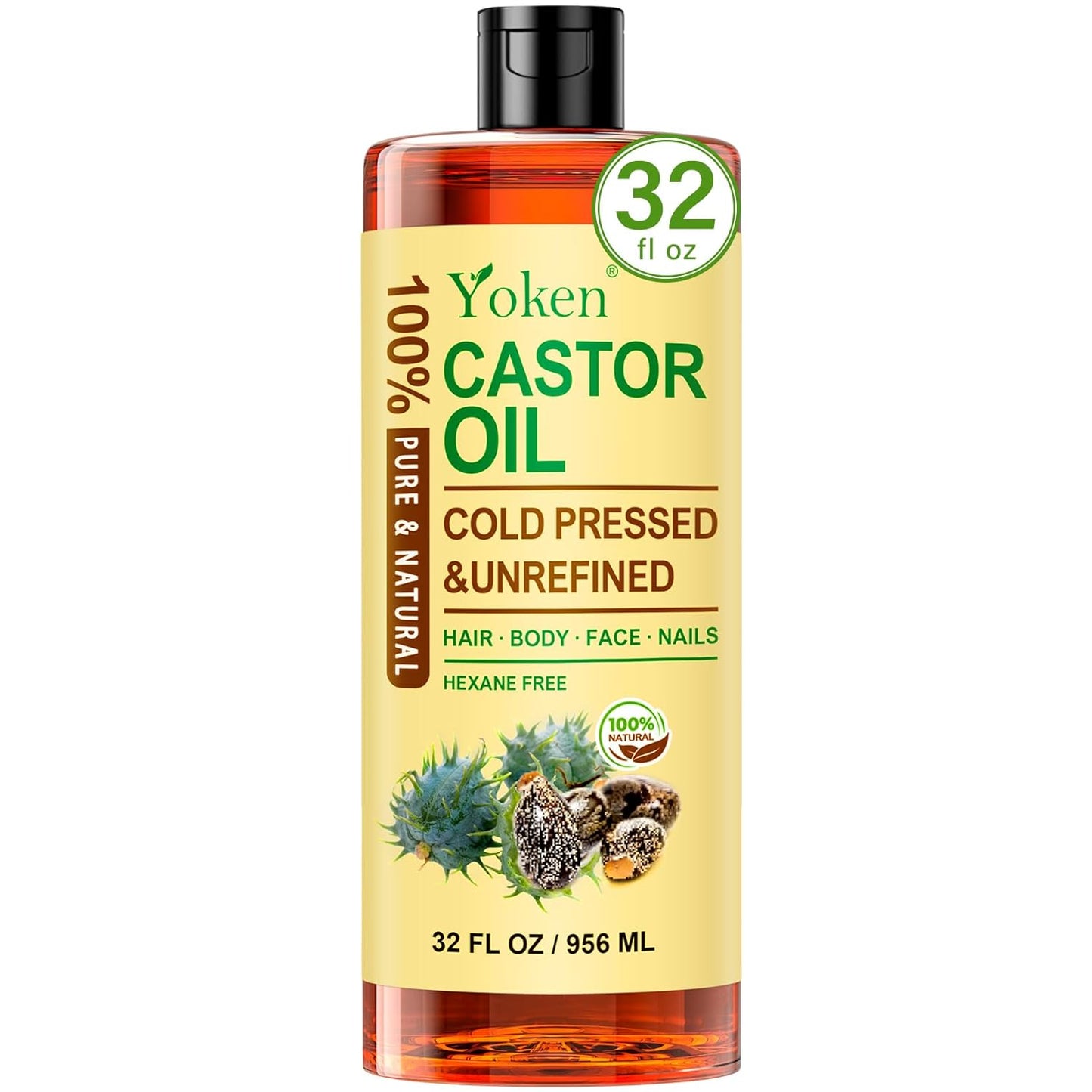Yoken Pure Castor Oil Cold Pressed 32 fl oz - 100% Natural Castor oil for Hair, Face, Body & Eyebrows, Hexane Free, Unrefined, Great for Castor Oil Pack Deep Nourish Skin Moisturizer Multi-purpose Oil