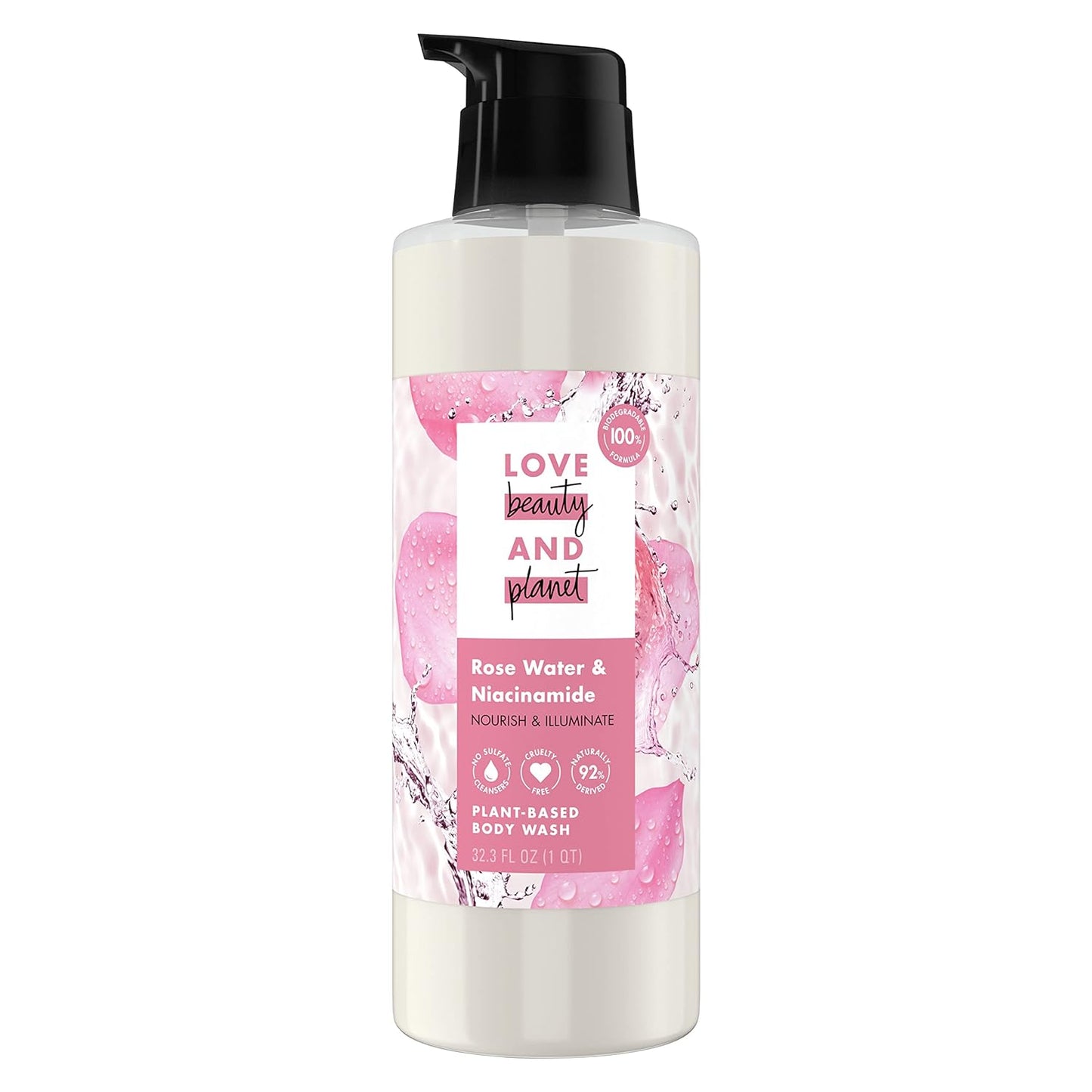 Love Beauty And Planet Plant-Based Body Wash Nourish and Illuminate Skin Rose Water and Niacinamide Made with Plant-Based Cleansers and Skin Care Ingredients 32.3 fl oz