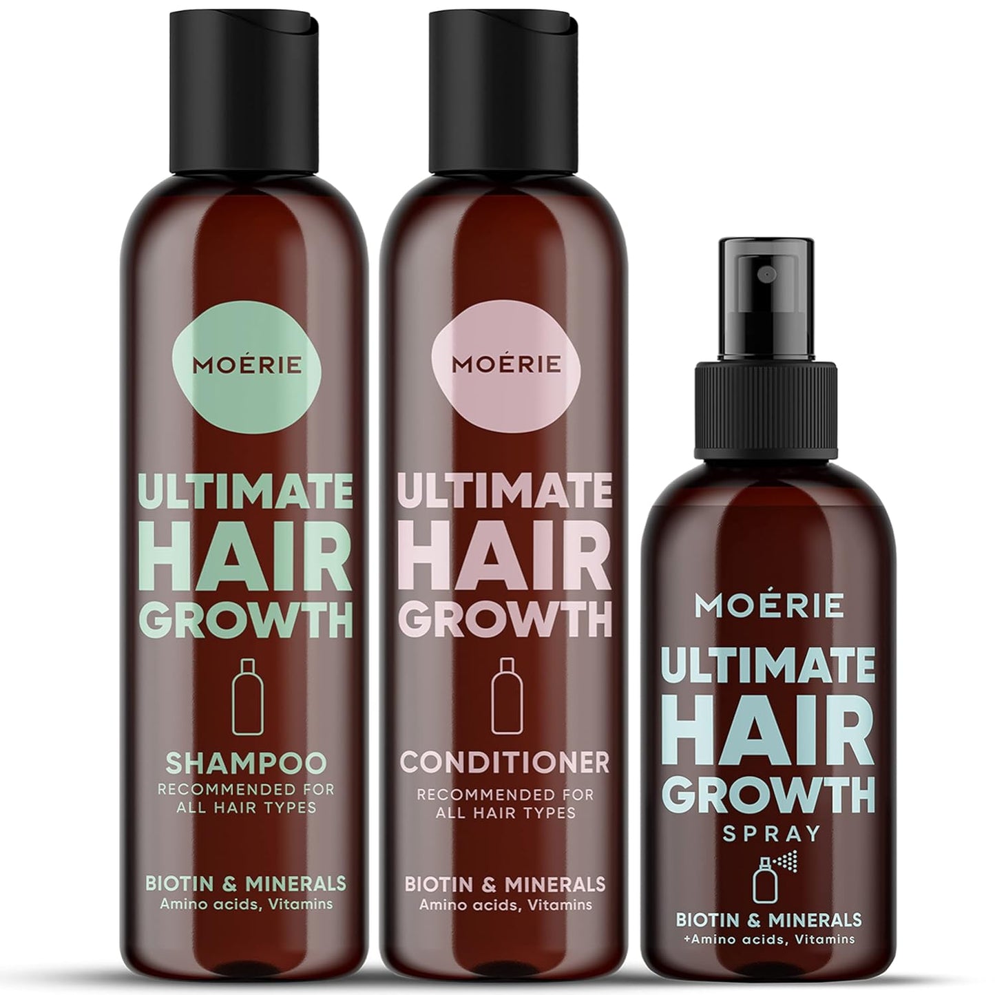 Moerie Mineral Shampoo and Conditioner Plus Hair Growth Spray Set Ð Ultimate Hair Care Pack Ð For Longer, Thicker, Fuller Hair - Volumizing Hair Care Products Ð Paraben & Silicone Free - 3 Products