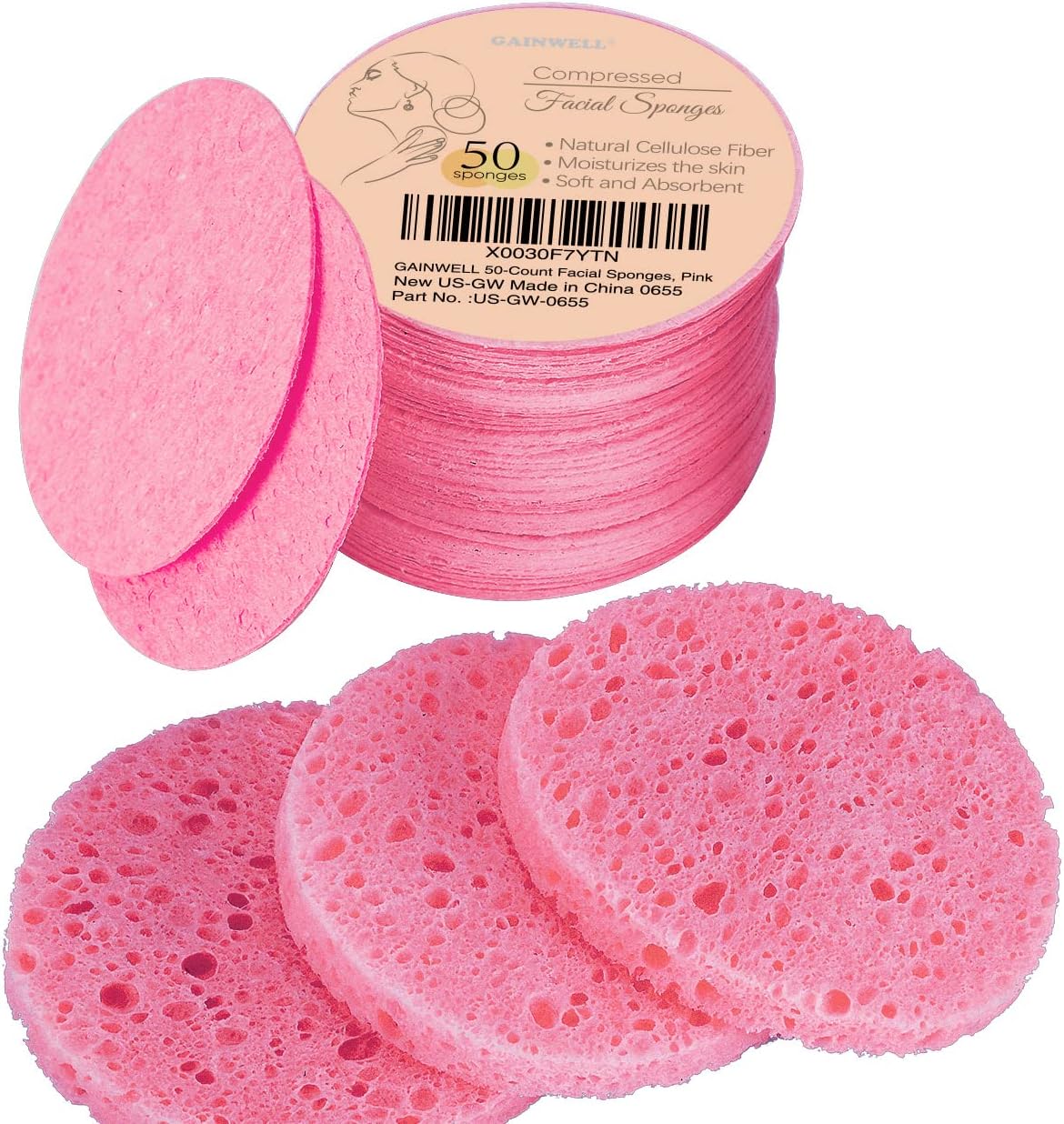 GAINWELL 50-Count Compressed Facial Sponges for Daily Facial Cleansing and Exfoliating, 100_ Natural Cosmetic Spa Sponges for Makeup Remover, Reusable, Pink