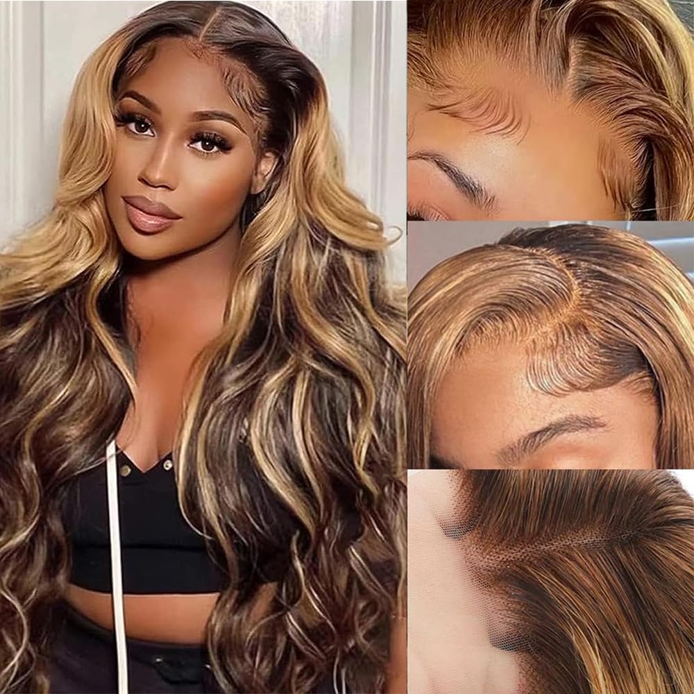 CANDEAS Honey Blonde Hd Lace Front Wig Human Hair 4/27 Highlight Ombre Body Wave Lace Front Wigs Human Hair Pre Plucked 13X4 Hd Transparent Lace 180 Density 18 Inch