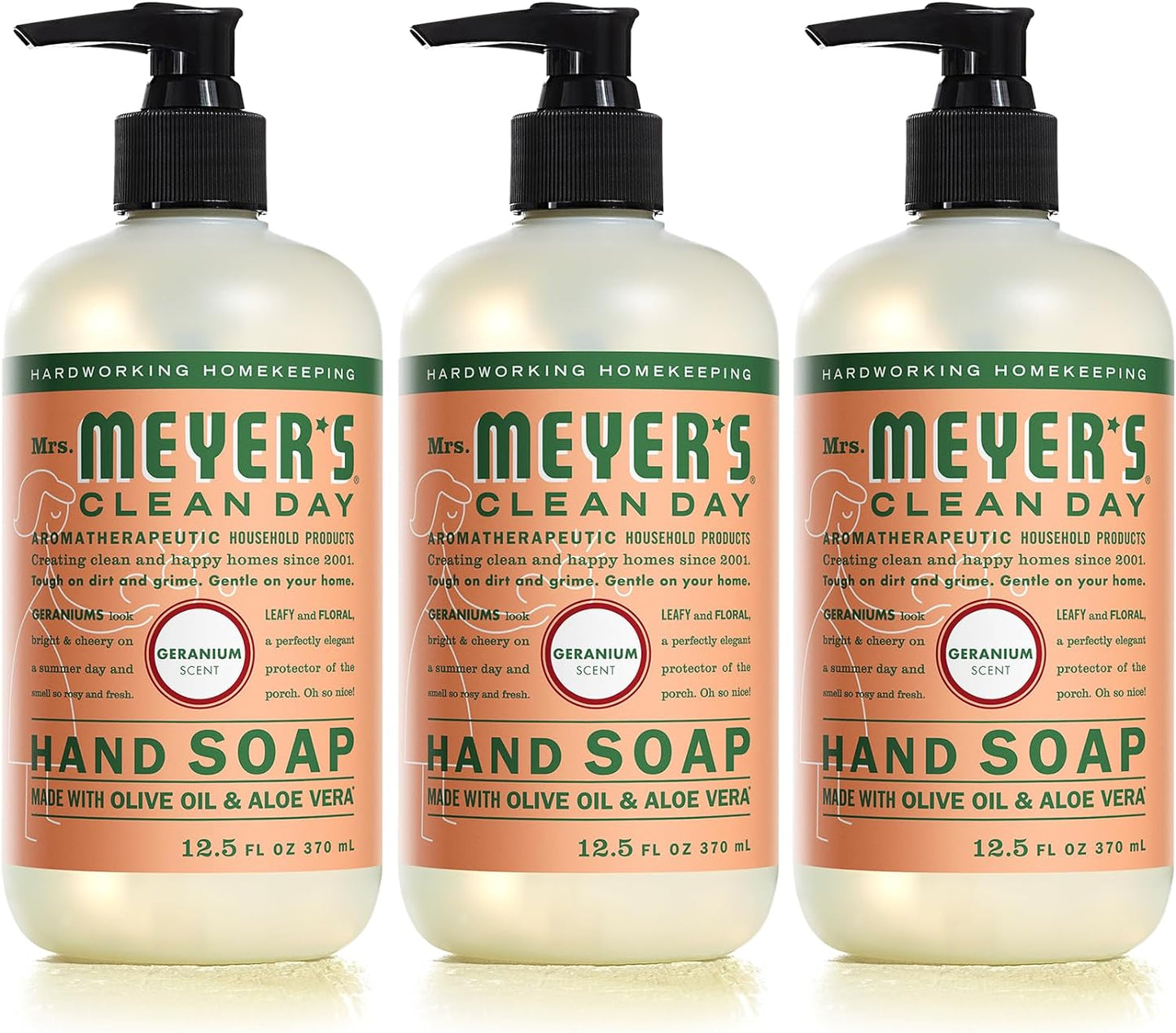 MRS. MEYER'S CLEAN DAY Hand Soap, Made with Essential Oils, Biodegradable Formula, Geranium, 12.5 fl. oz - Pack of 3