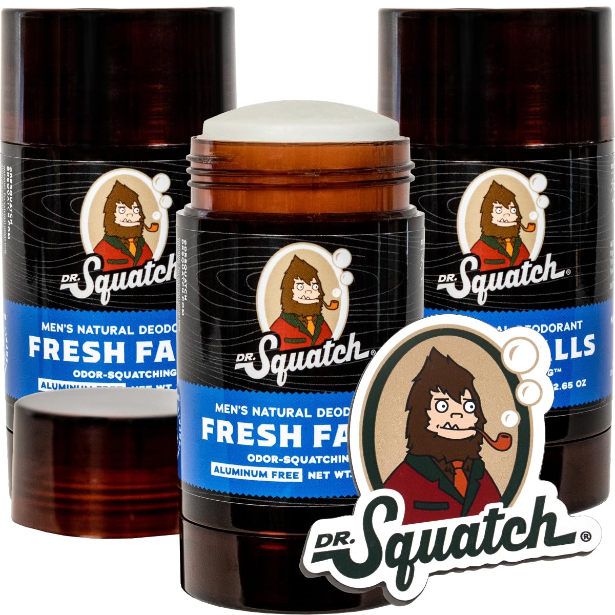 Dr. Squatch Natural Deodorant for Men 3 Pack Fresh Falls Ð Odor-Squatching Men's Deodorant Aluminum-Free - Men's Natural Deodorant and Collectible Magnet