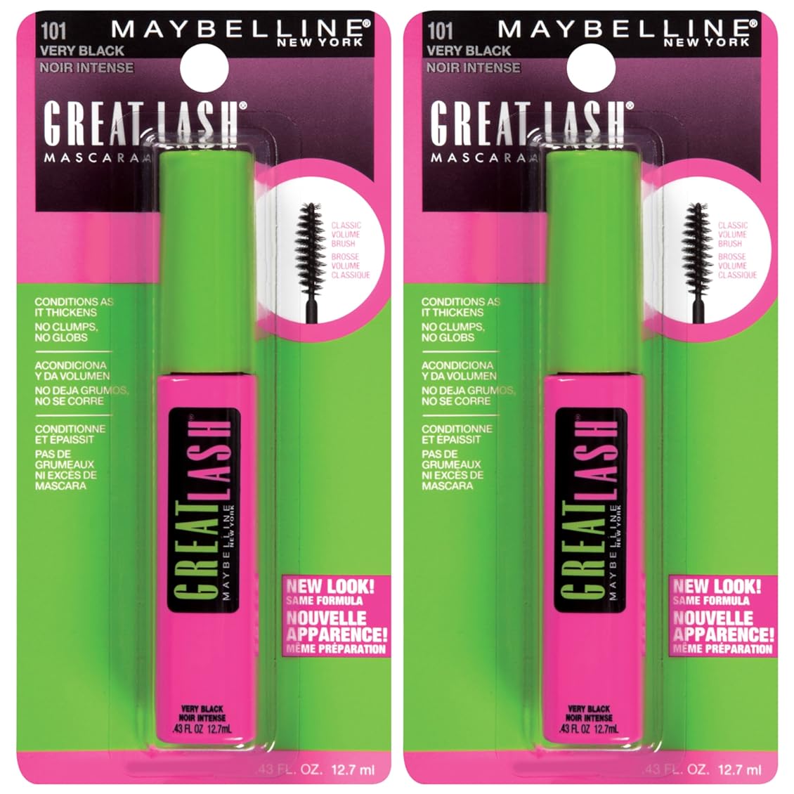 Maybelline Great Lash Washable Mascara Makeup, Volumizing Lash-Doubling Formula That Conditions As It Thickens, Very Black, 2 Count