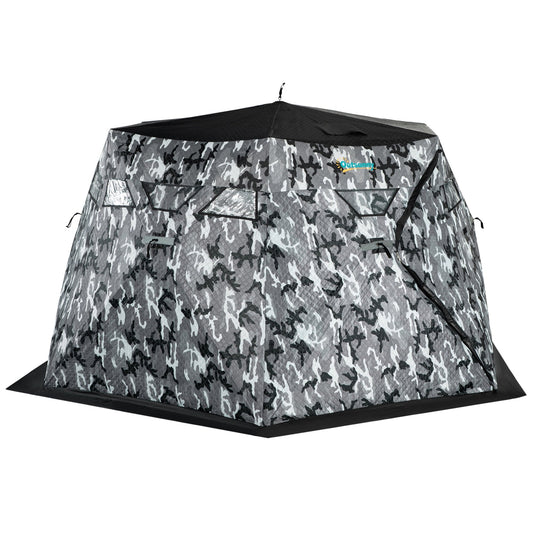 Outsunny 4 Person Insulated Ice Fishing Shelter 360-Degree View, Pop-Up Portable Ice Fishing Tent with Carry Bag, Two Doors and Anchors for Low-Temp -22a??, Camouflage