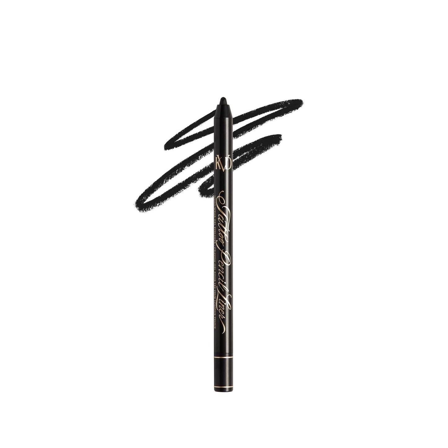 An open KVD Tattoo Pencil Liner Long-Wear Gel Eyeliner with smear in the shade Trooper Black.