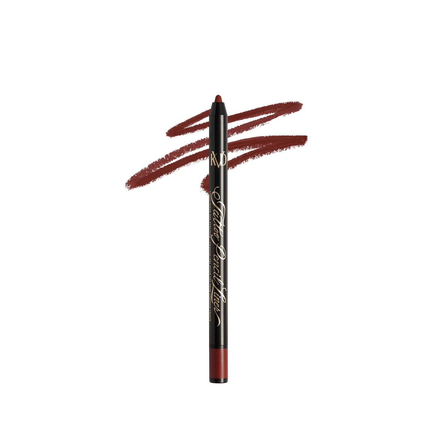An open KVD Tattoo Pencil Liner Long-Wear Gel Eyeliner with smear in the shade Madder Red.