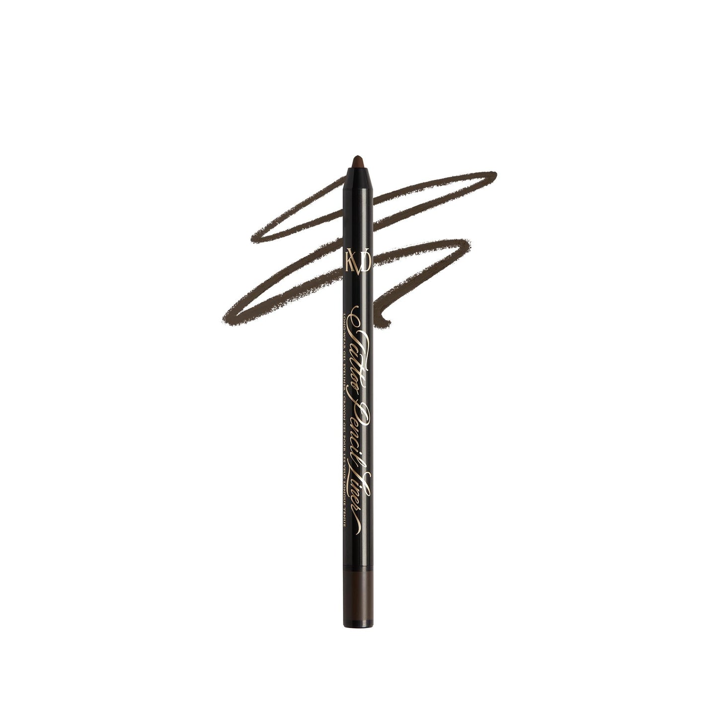 An open KVD Tattoo Pencil Liner Long-Wear Gel Eyeliner with smear in the shade Pyrolusite Brown.
