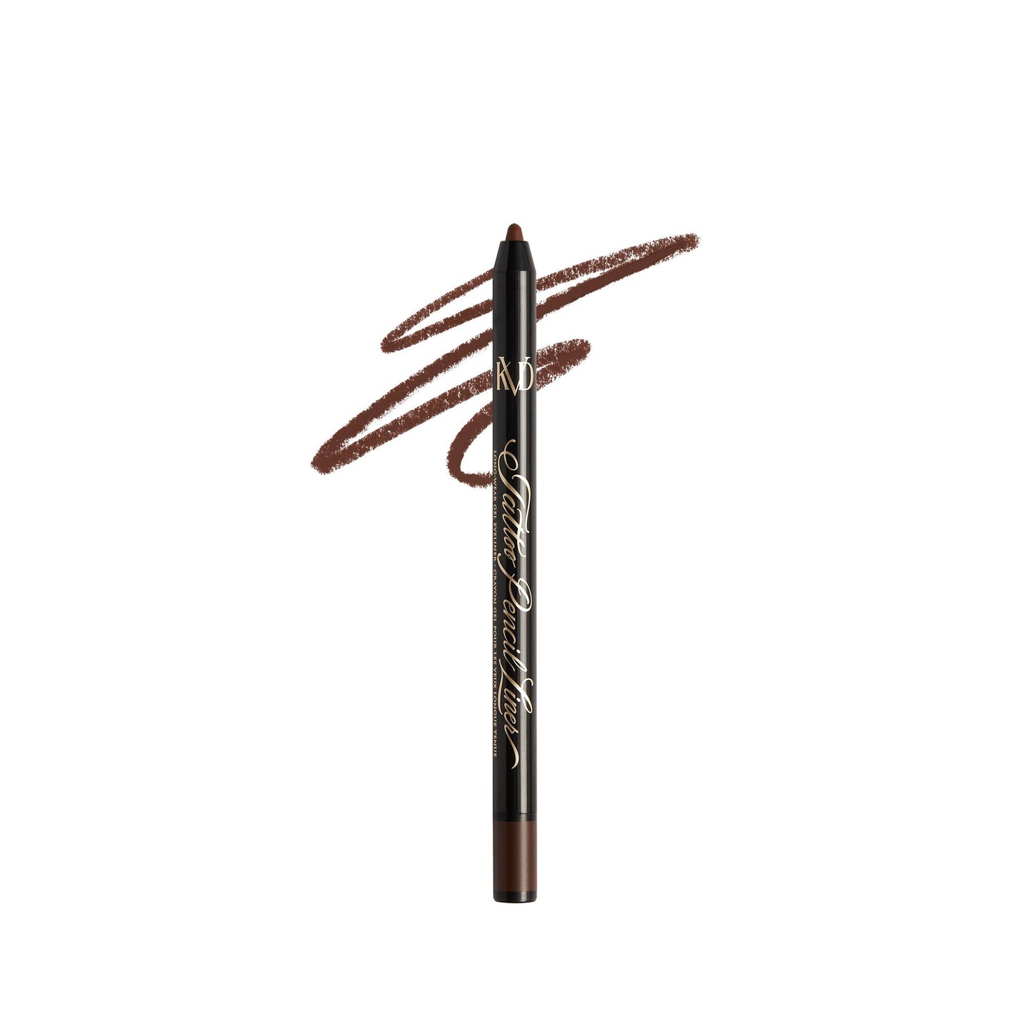 An open KVD Tattoo Pencil Liner Long-Wear Gel Eyeliner with smear in the shade Axinite Brown.