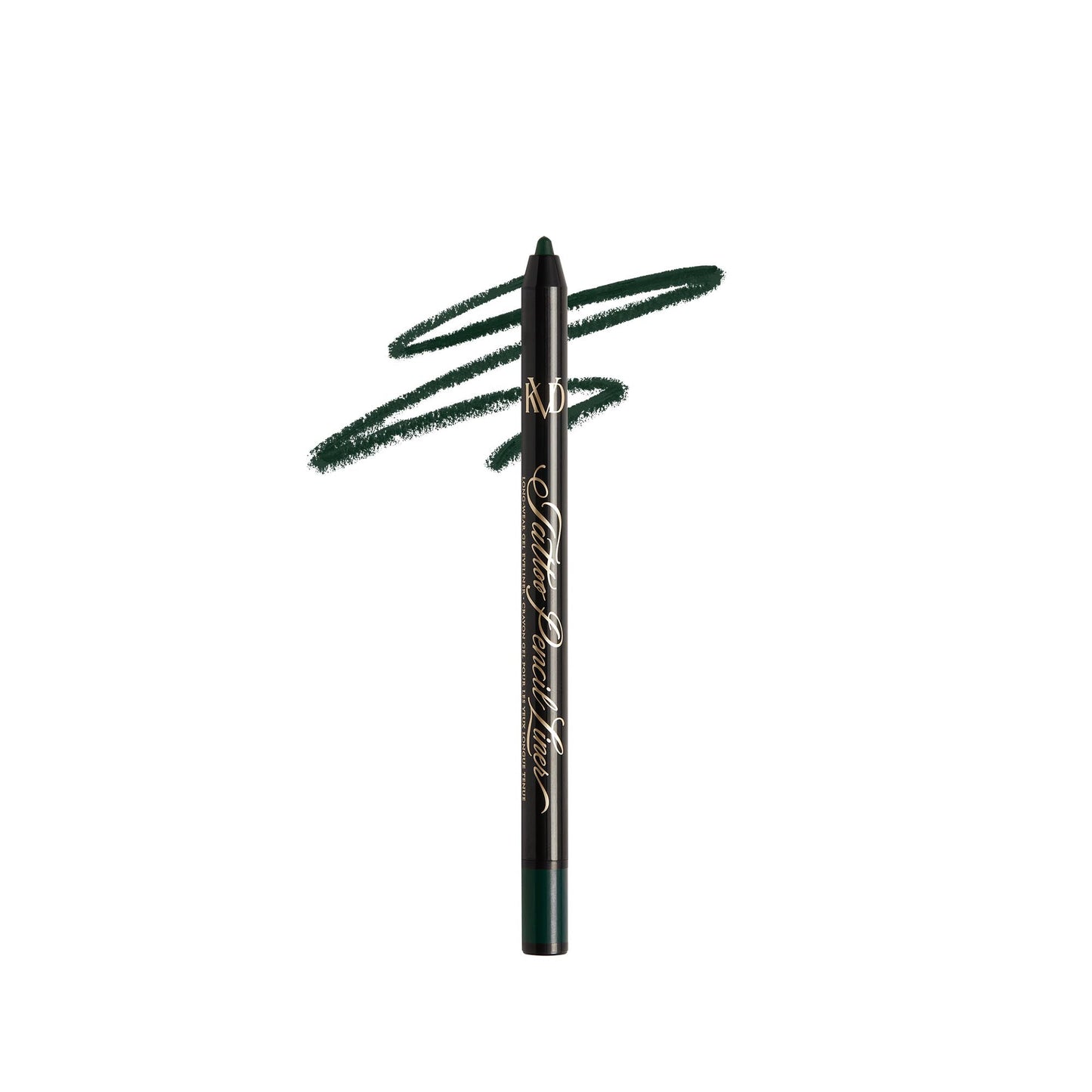 An open KVD Tattoo Pencil Liner Long-Wear Gel Eyeliner with smear in the shade Verdetta Green.