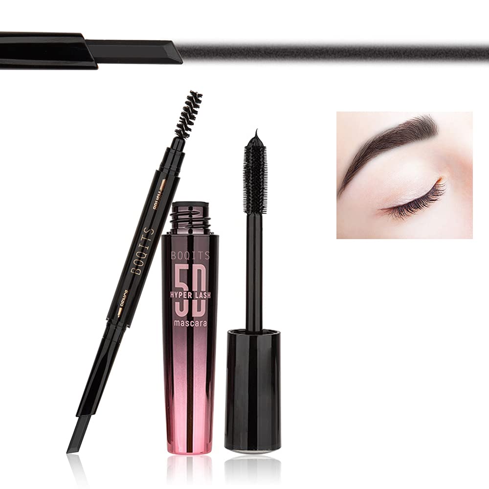 Black Mascara and Eyebrow Definer Pencil, Natural Waterproof Smudge-proof Mascara, Long Lasting Eyebrow Pen | Soft Textured Natural | Daily Eye & Brow Makeup (Suit 1)