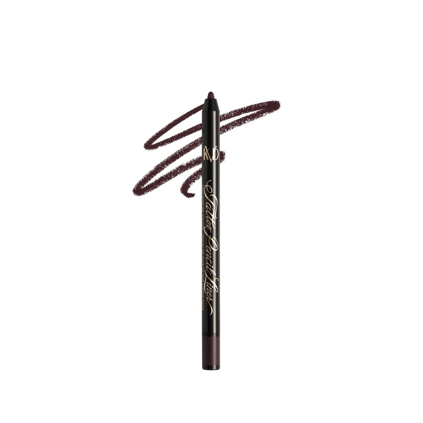 An open KVD Tattoo Pencil Liner Long-Wear Gel Eyeliner with smear in the shade Violet Hematite.