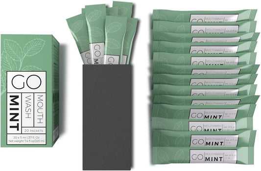 GO Travel Size Mouthwash Packets Ð Individual Mini Mouthwash for Fresh Breath - TSA Compliant - Smart Packet Design to reduce travel bottle waste - Liquid Mint Flavored Portable Travel Mouthwash Bulk
