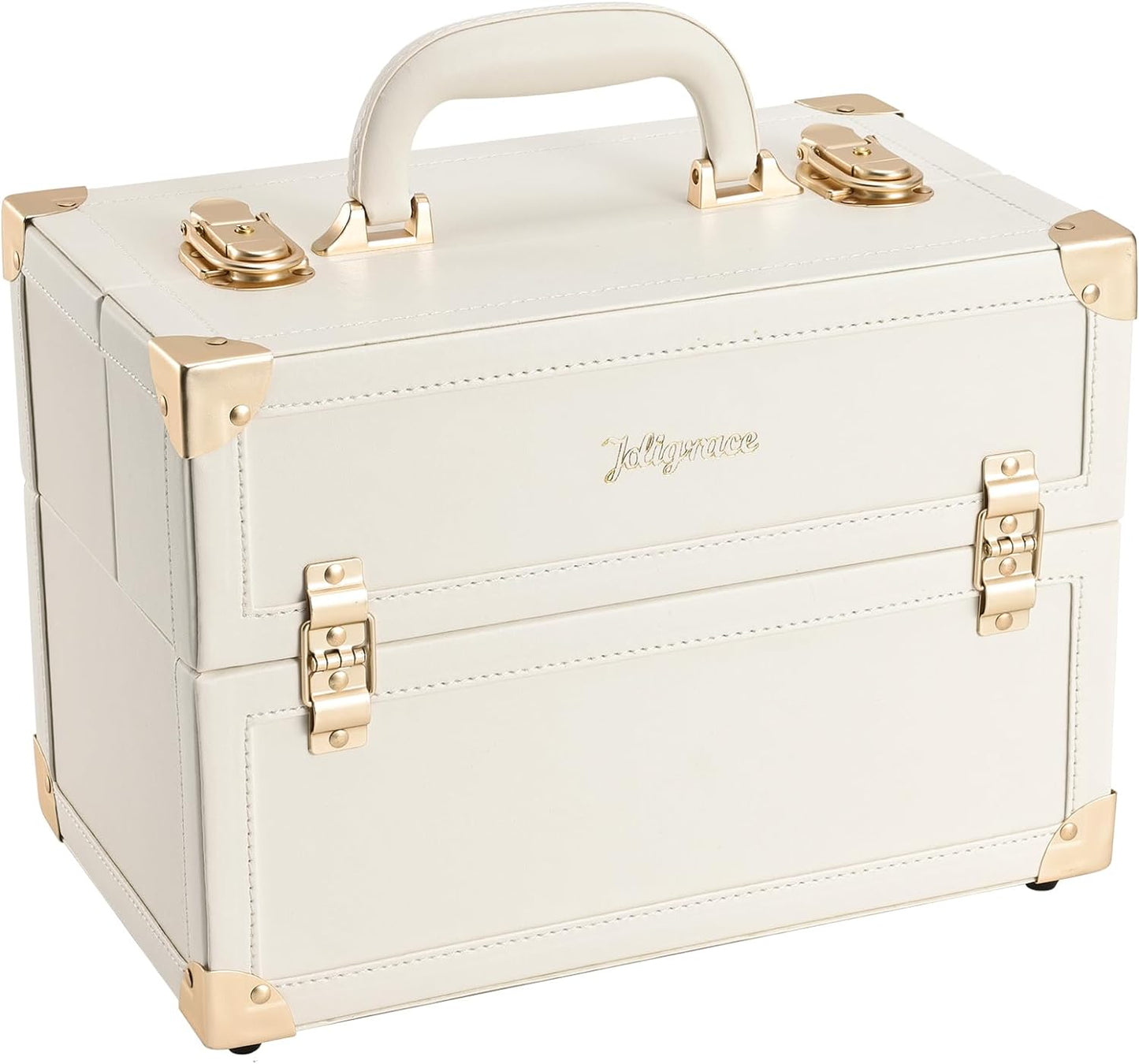 Joligrace Makeup Train Case Large Portable Cosmetic Makeup Storage Box Organizer Lockable with 4 Tray Compartments Retro Champagne Beige Vegan Leather