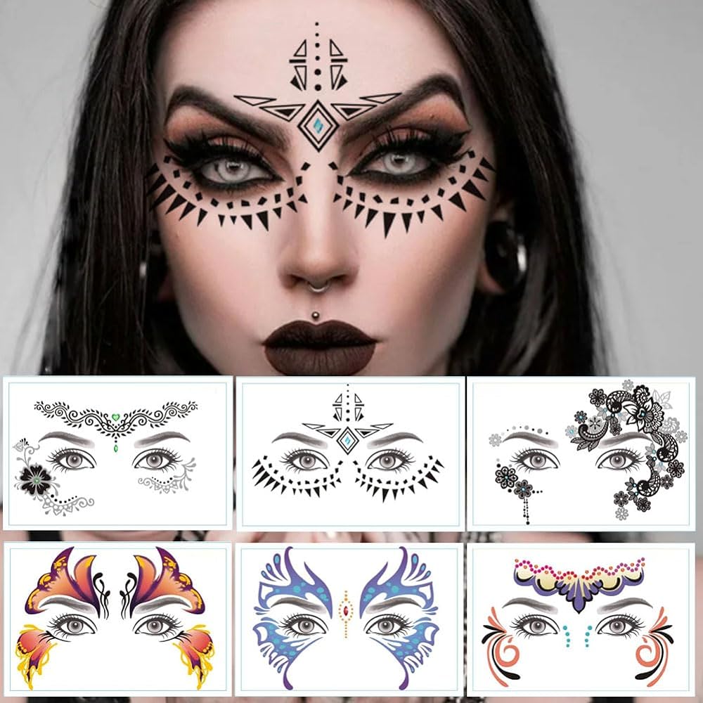 9 Pack Face Eye Makeup Tattoo Stickers Waterproof Black Lace Eye Face Temporary Tattoo for Women Girls Halloween Christmas Masquerade Party