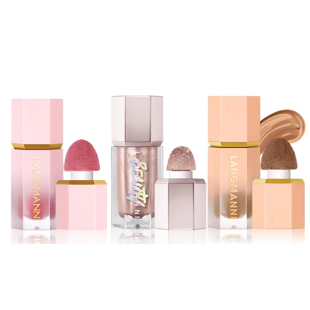 URQT Highly Pigmented Liquid Contour - Built-in Sponge Tip Sculpted Complexion Wand Contour Long Lasting Natural Buildable Highlighters Contour Contouring Bronzer (Contour+Blush+Highlighter)