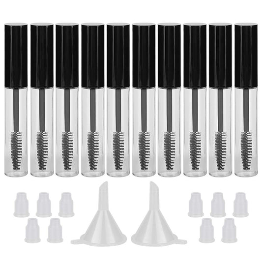 10PCS 10ML Empty Mascara Tube Bottle with Eyelash Wand & Rubber Inserts & Funnels Set for Castor Oil/Eyelash Growth Oil, DIY Mascara Eyelash Cream Container with Cap, Black