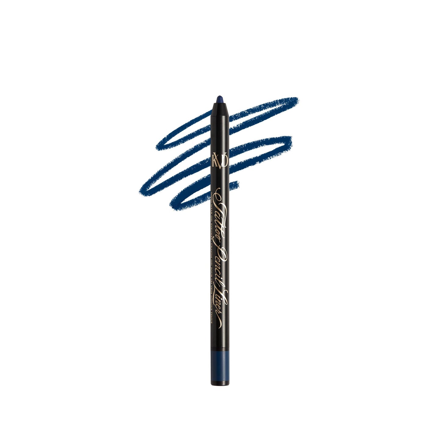 An open KVD Tattoo Pencil Liner Long-Wear Gel Eyeliner with smear in the shade Blue Ashes.