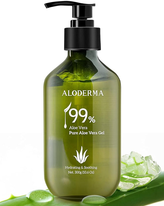 Aloderma 99% Organic Aloe Vera Gel for Skin Made within 12 Hours of Harvest, Non-Sticky Aloe Vera Gel for Sunburn Relief, Natural, Soothing Hydrating Aloe Vera for Face & Hair, Lightweight Gel, 10.6oz