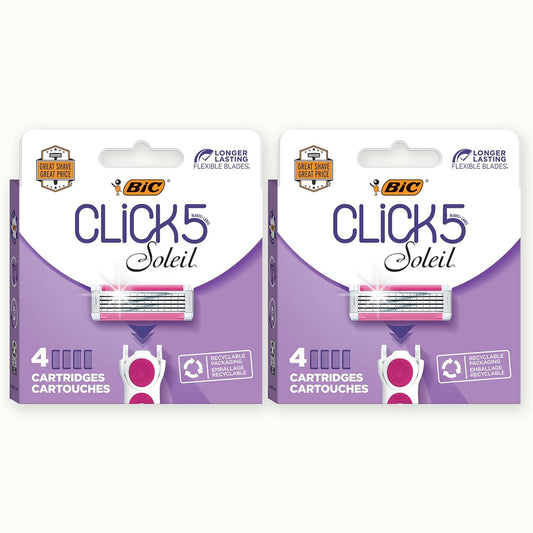 BIC Click 5 Soleil Women's Razor Refills with 5 Flexible Blades and Recyclable Box, Pink, 8 Count