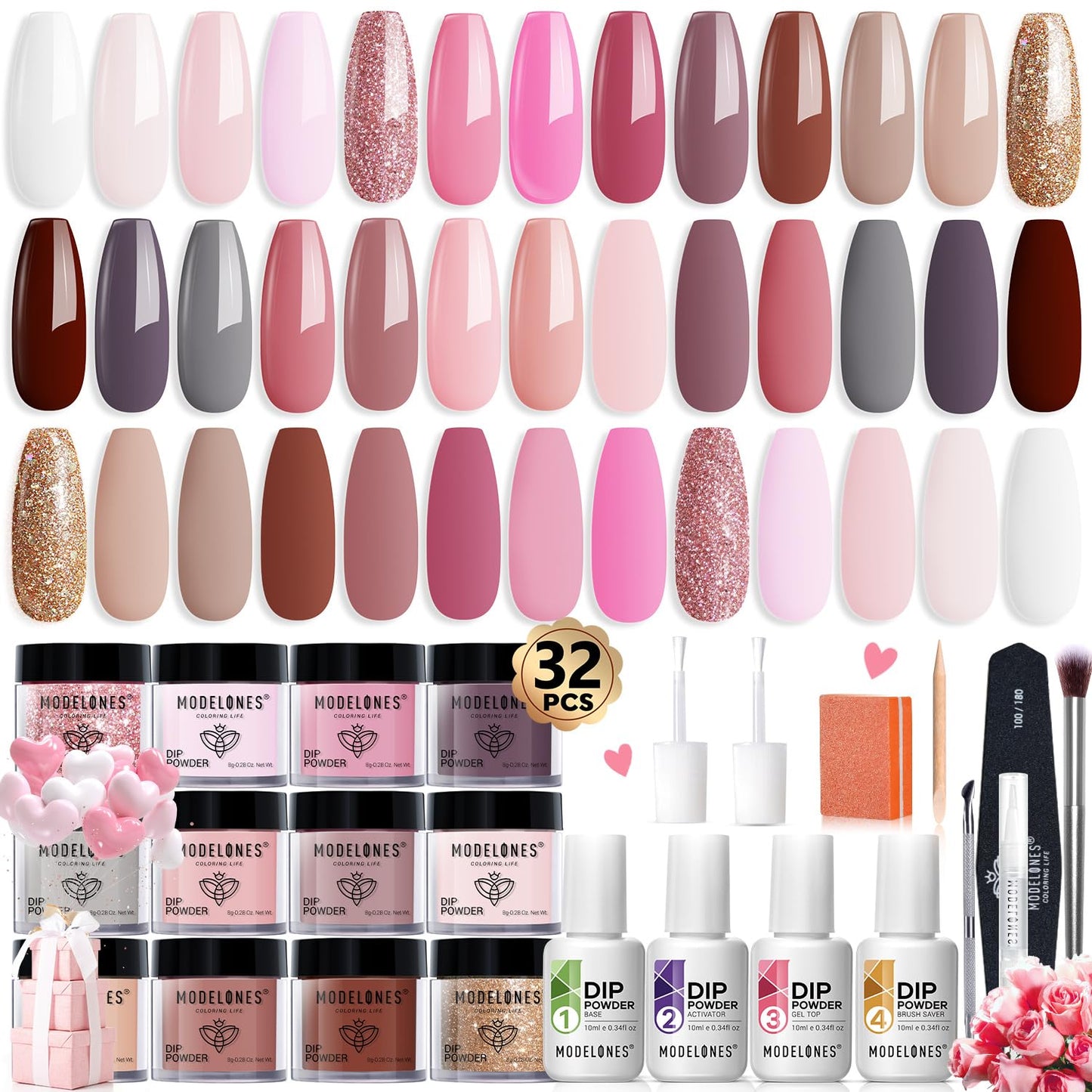 Modelones 32 Pcs Dip Powder Nail Kit Starter, 20 Colors Nude Pink Brown Glitter Winter Dipping Powder Essential Liquid Set with Base/Top Coat Activator for French Nail Art DIY Valentine's Day Gift