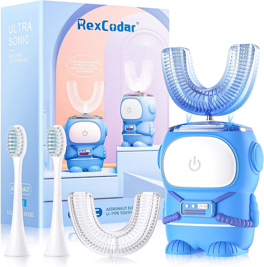 RexCodar Ultrasonic Kid's U-Shaped Electric Toothbrush, IPX7 Waterproof, Five Cleaning Modes, 60S Smart Reminder Cartoon Astronaut Design (Blue Ages 6-12)