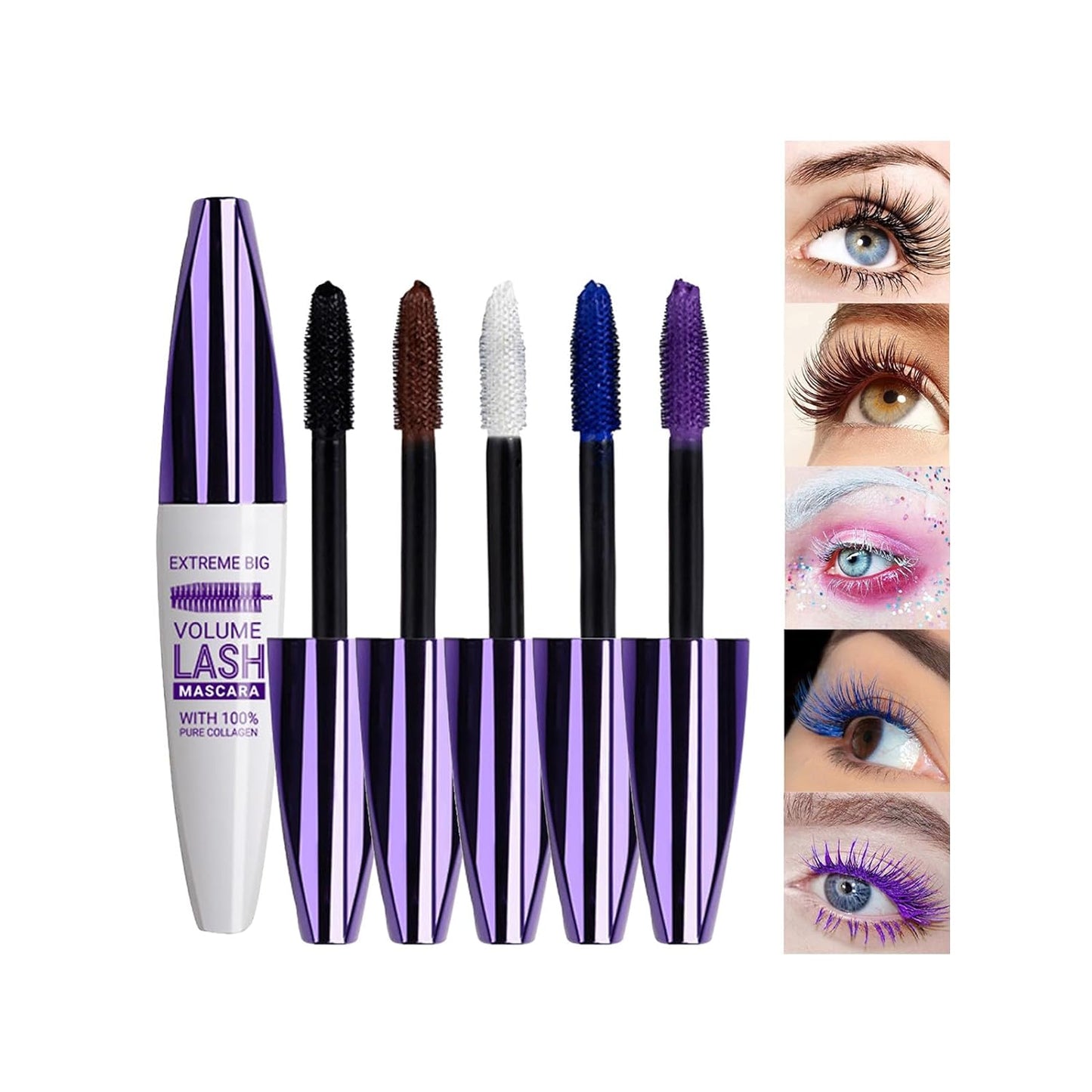 Volumized Color Mascara, Waterproof, Longlasting Mascara, 5 Color Black, brown, white, blue, purple Mascara for Eyelashes Eye Makeup False Lash Effect for Women 0.2fl oz