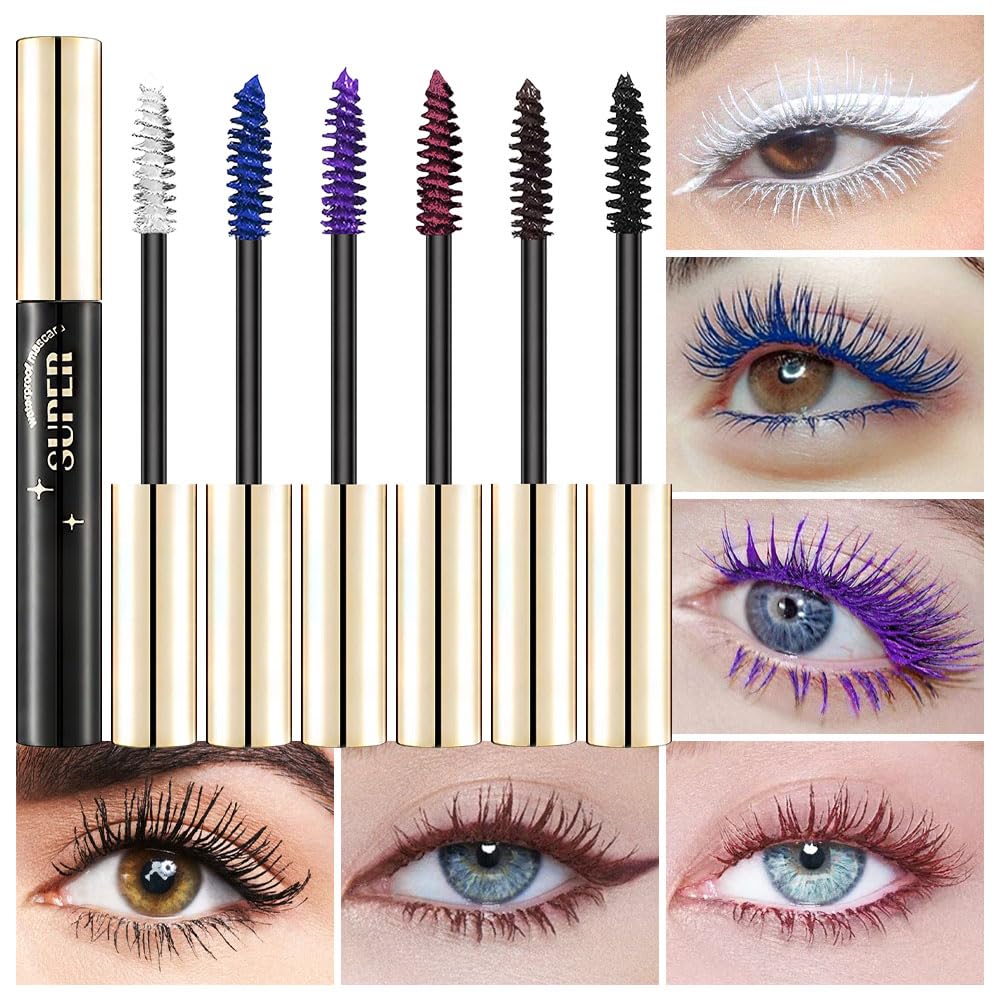 White Blackl Blue Red Purple Brown Mascara 6 pcs Colored Mascara Set, eyelash Volume and Length, 4D Silk Fiber Lash Extensions Mascara, Natural Hypoallergenic Cruelty-Free Mascara