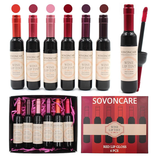 SOVONCARE 6 Color Wine Lip Tint, Matte Liquid Lipstick Waterproof Natural Lip Stains Set Long Lasting Wine Bottle Lip Gloss Makeup Gift Idea for Girls & Women
