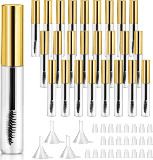 25 Pieces 10 ml Empty Mascara Tubes Wand Empty Eyelash Bottle Clear Refillable Mascara Container with 4 Pieces Funnels Transfer Pipettes for Castor Oil and DIY Cosmetics(Gold)