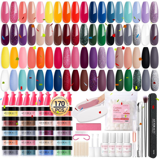 AZUREBEAUTY 170Pcs Dip Powder Nail Kit Starter 36 Colors Pink Red Purple Spring Dipping Powder with Dip Liquid Set + Nail Removal Accessories Set for Valentine's Gift