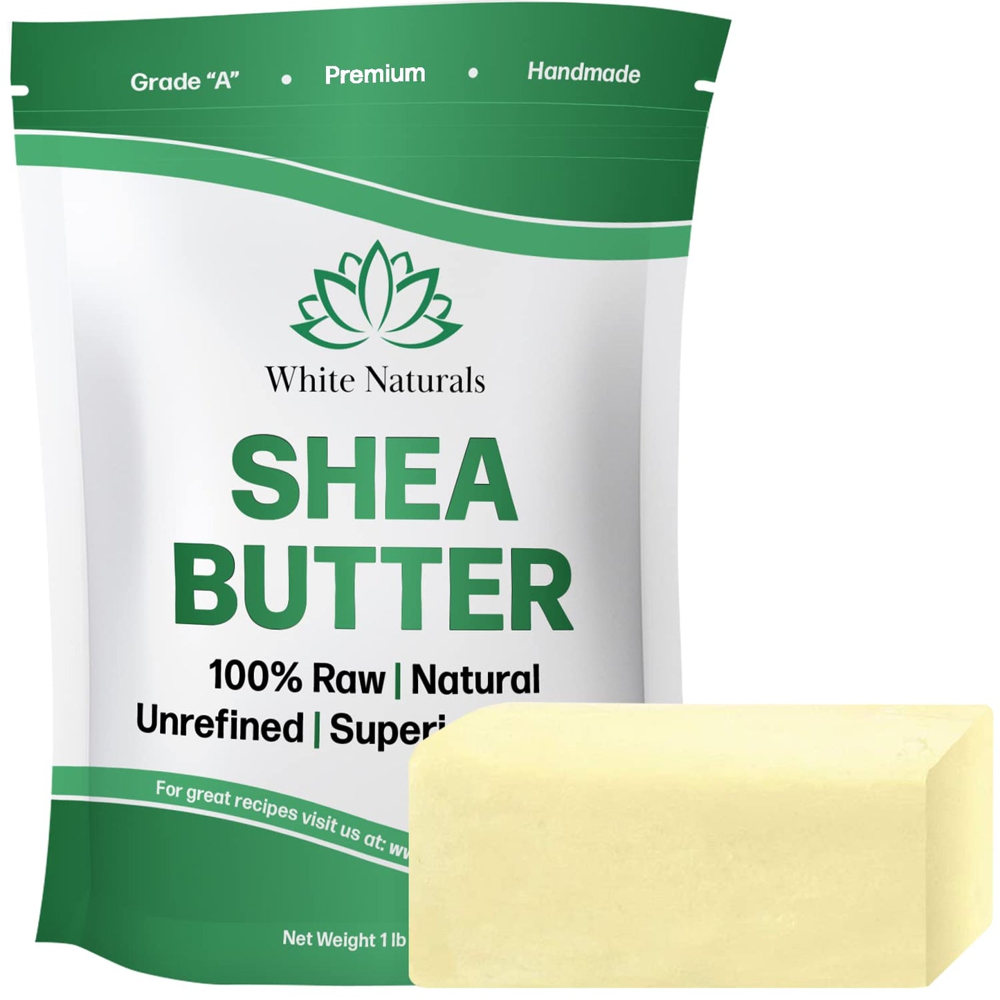 White Naturals Shea Butter 1 lb, Unrefined, African Grade A, Moisturizing Skin, Hair, Face, Lotion, Cream, 16oz Block