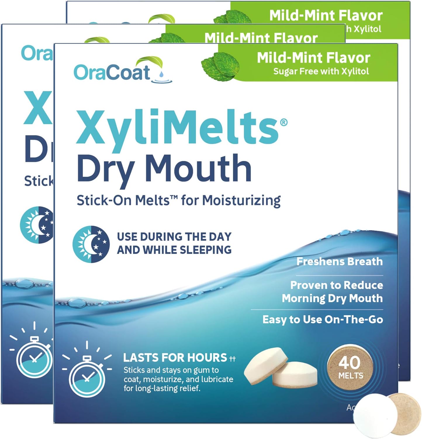 Oracoat Xylimelts for Dry Mouth Relief, Mild Mint (Pack of 3), 40 Count