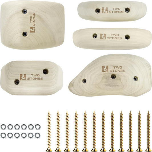 TWO STONES Wooden Rock Climbing Holds for Adults | Wood Rock Wall Climbing Holds | Variety Screw On Climbing Hold Grips Set with Mounting Hardware (HD5in1-B)