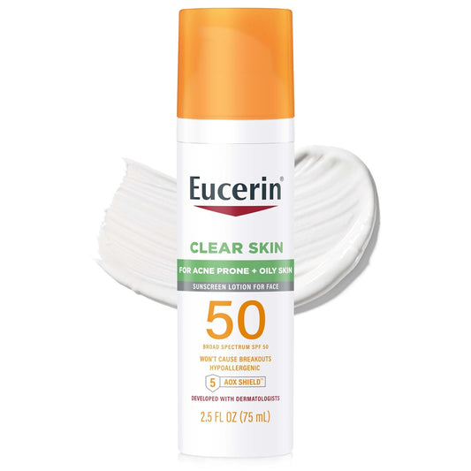 Eucerin Sun Clear Skin SPF 50 Face Sunscreen Lotion, Hypoallergenic, Fragrance Free Sunscreen SPF 50 with Oil-Absorbing Minerals, 2.5 Fl Oz Bottle
