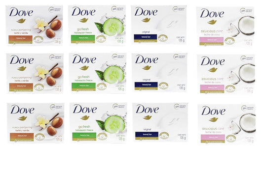 Dove, Beauty Bar Soap Variety Pack of 12, Go Fresh, Shea Butter, Coconut Milk, White - 135g