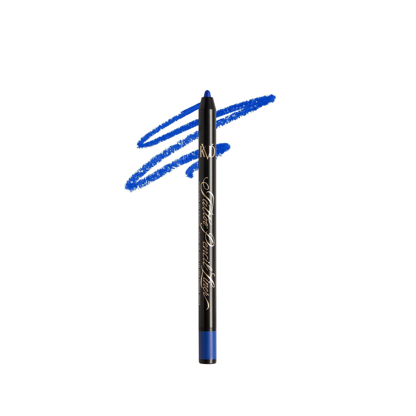 An open KVD Tattoo Pencil Liner Long-Wear Gel Eyeliner with smear in the shade Azurite Blue.