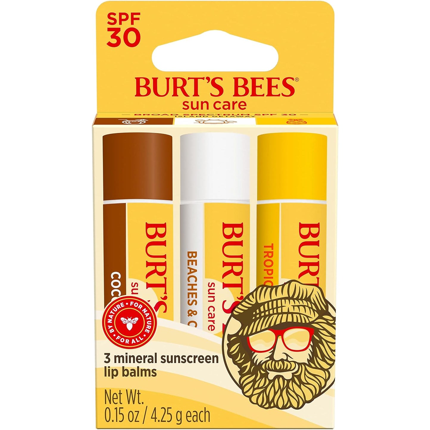 BurtÕs Bees Island Getaway Sun Care SPF 30 Lip Balm, Water-Resistant Lip Balm in Coco Loco, Beaches and Cream and Tropic Like It's Hot, Nano-Free, Natural Conditioning Lip Treatment, 3 Tubes, 0.15 oz.