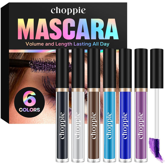Multicoloured Waterproof Mascara For Lashes (6 Colors), White, Black, Brown, Ocean Blue, Dark Blue And Purple With Lash Comb Brush - Lengthening, Volumising, Long Lasting, Natural Eye Make-up
